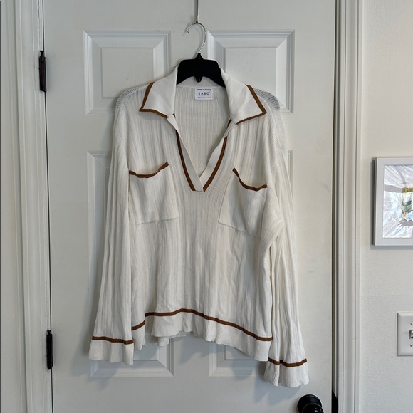 NWOT SABO Adair Oversized White Knit Polo with Tan Tipping size S - Picture 4 of 16